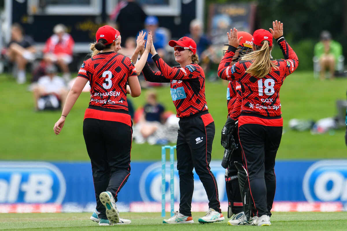 The Magicians celebrates the wicket of  Anna Browning of the Auckland Hearts during the T20 Super Smash cricket match, Canterbury Magicians v Auckland Hearts, Hagley Oval, New Zealand, 26th December 2022. Copyright photo: John Davidson / www.photosport.nz