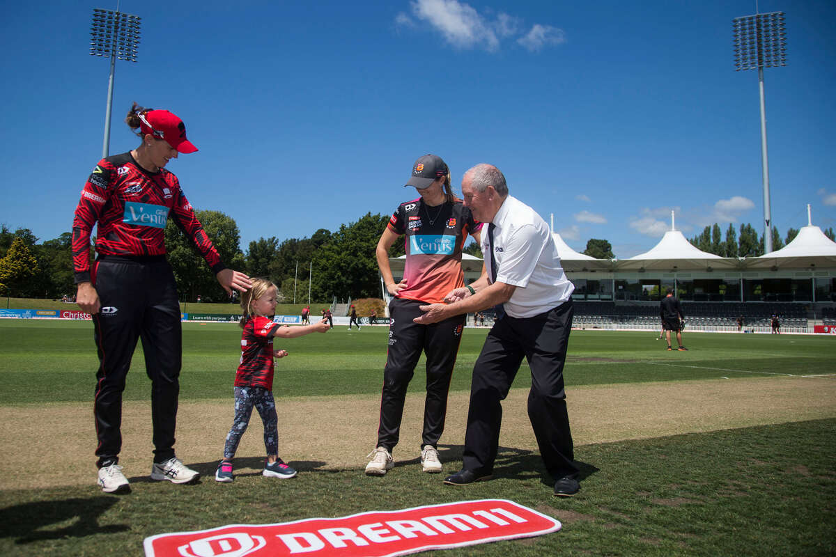 Amy Satterthwaite, captain of the Canterbury Magicians and Eimear Richardson captain of the Northern Brave Women at the coin toss before the Dream11 Super Smash Women's Twenty20 Match played between Canterbury Magicians and the Northern Brave Women on 13 January 2023 held at Hagley Oval, Christchurch. Photo: Joseph Johnson / www.photosport.nz